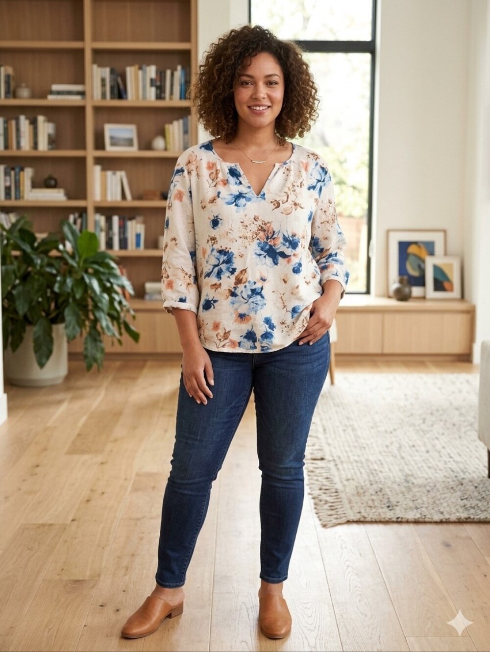 Floral Split-Neck Blouse in Cream and Blue